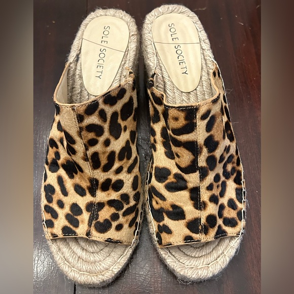 Caleena2 Genuine Calf Hair Leopard Print Open Toe Espadrille Wedge Sandal - Picture 1 of 10